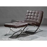 Chrome and Leather "Barcelona" Chair and Ottoman, brown leather, chrome plated steel, after the