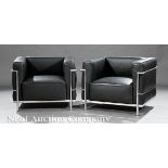 Pair of Chrome and Leather "Corbusier" LC2?Style Chairs, black leather, chrome?plated steel, h. 26