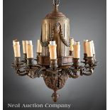 Neoclassical?Style Patinated Bronze Twelve?Light Chandelier, fluted columnar standard, scrolled