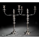 Pair of Georgian Sheffield Plate Two?Light Candelabra, early 19th c., reeded twisting candlearms,