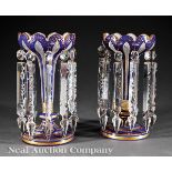 Pair of French Gilt?Decorated Cobalt Blue Glass Lustres, late 19th c., tulip?form bodies hung with