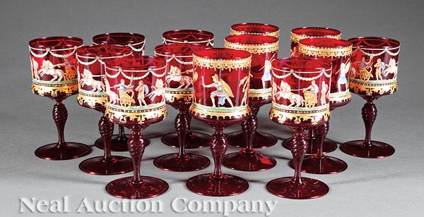 Collection of Thirteen Gilded and Enameled Ruby Glass Wine Goblets, late 19th/early 20th c., - Image 3 of 3