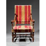 French Carved Walnut Mechanical Reclining Armchair, 19th c., rectangular padded back and seat,