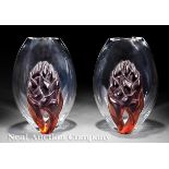 Pair of Lalique "Martinique" Amber and Clear Glass Vases, engraved "Lalique France", designed 1993