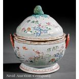 Chinese Export Famille Rose Porcelain Covered Tureen, 18th/19th c., slightly ribbed globular body,