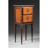 Antique Italian Inlaid Walnut Commode, 18th c., molded top, two drawers, leaf carved stiles and