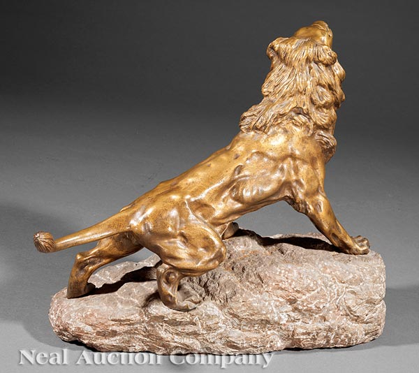 James Andrey (French, active early 20th c.), "Roaring Lion", bronze on carved naturalistic stone - Image 2 of 2