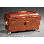 George III Kingwood Sarcophagus?Form Tea Caddy, 19th c., hinged lid, fitted compartments, lions mask