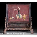 Chinese Hardstone and Ivory Embellished Red Lacquer Table Screen, probably Qing Dynasty (1644?1911),