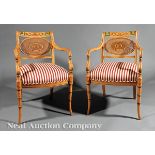 Pair of Regency?Style Paint?Decorated Satinwood Armchairs, Greek key and foliate crest rail,