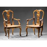 Pair of Antique Italian Paint?Decorated Armchairs, 19th c., each with arched crest rail, vasiform