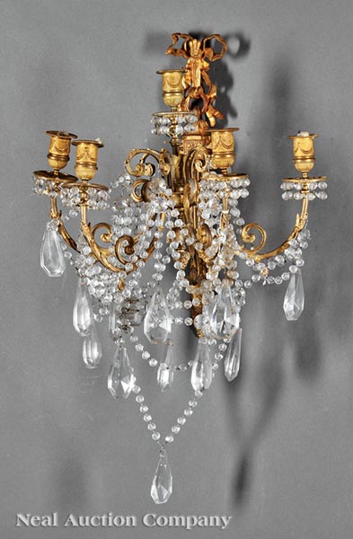 Pair of Louis XVI?Style Gilt Bronze and Crystal Sconces, 19th c., beribboned pilaster backplates, - Image 2 of 2