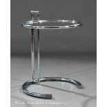 Eileen Gray?Style Chrome and Glass Adjustable Side Table, h. 22 in. to 36 in., dia. 20 in.