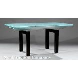 "Corbusier" LC6?Style Metal and Glass Extension Dining Table, frosted glass, side leaves slide under