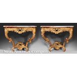 Fine Pair of Louis XV?Style Carved and Gilded Consoles, shaped marble top, floral frieze with