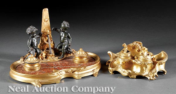 French Gilt Bronze?Mounted Rouge Marble Figural Encrier, 19th c., modeled as fountain flanked by