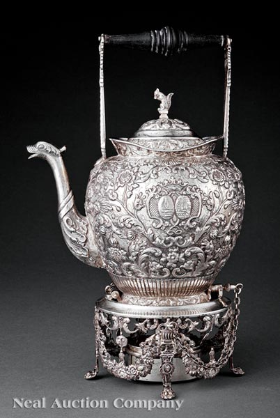 Dutch .833 Silver Kettle?on?Stand, 19th c., export marks, elaborate allover chasing with armorial