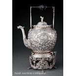 Dutch .833 Silver Kettle?on?Stand, 19th c., export marks, elaborate allover chasing with armorial