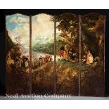 Antique Italian Rococo Polychromed Leather Four Panel Screen, 18th c., arched panels depicting an