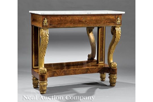 American Classical Ormolu‑Mounted, Carved Giltwood, Mahogany, Rosewood and Brass Inlaid Pier - Image 1 of 9