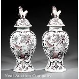 Pair of Delft Manganese and White Pottery Covered Garniture Vases, 18th/19th c., faceted baluster