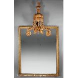 Antique Verte Peinte and Gilt Mirror, late 18th/early 19th c., with baldachin crest and old mirror