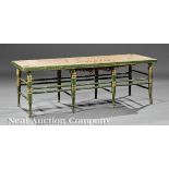 American Federal Gilt and Painted Window Bench, 19th c., woven rush seat, ring-turned legs and