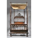 Antique Portuguese Carved Walnut Four Poster Bed, early 19th c., pleated fabric canopy, barley-twist