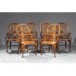 Suite of Six Carved Elm or Oak Windsor Armchairs ; together with two smaller antique related