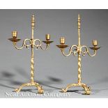 Pair of George III Brass Two-Light Adjustable Candelabra, late 18th c., twisted shaft, scrolled