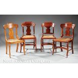 Four American Classical Tiger Maple Side Chairs, 19th c., shaped crest, vasiform splat, caned