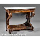 French Restauration Inlaid Rosewood Pier Table, c. 1825, white marble top, cove-molded frieze, S-