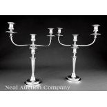 Pair of Matthew Boulton Sheffield Plate Three Light Candelabra, c. 1810, twisting candlearms,