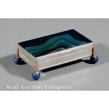 Continental Silver-Mounted Blue Agate Box, 19th c., applied lapis lazuli ball feet, h. 1 1/8 in., w.