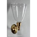 Pair of English Brass and Glass Sconces, 19th c., hand-forged back plates, blown glass shades with