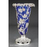 Italian Sterling Silver and Cobalt Glass Trumpet Vase, Florence, maker untraced, grape and grapeleaf