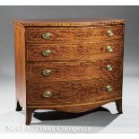 American Federal Inlaid Satinwood and Figured Mahogany Bowfront Chest of Drawers, c. 1790-1810,