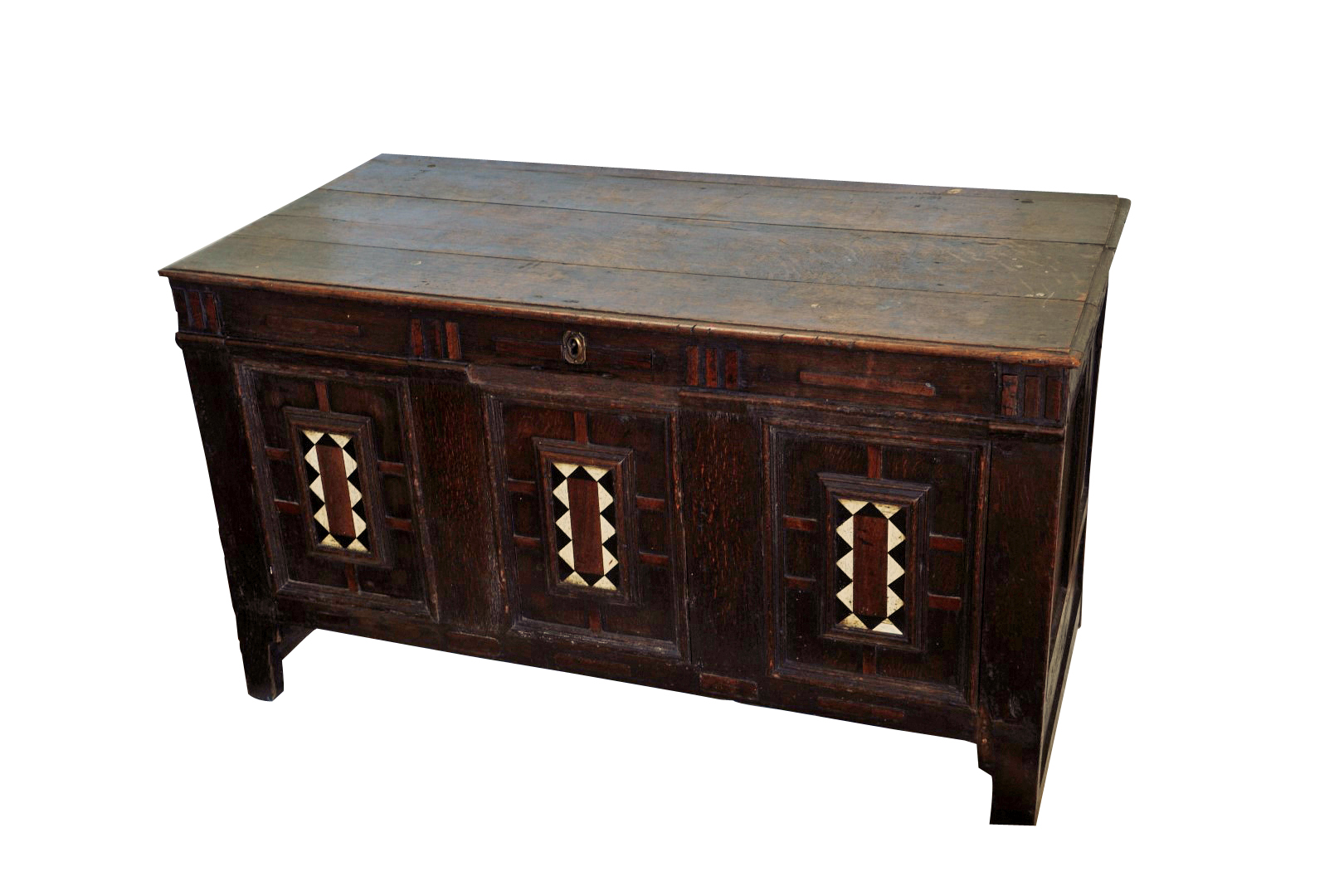 A 19th century oak chest, the hinged lid formed from three planks and opening to reveal an