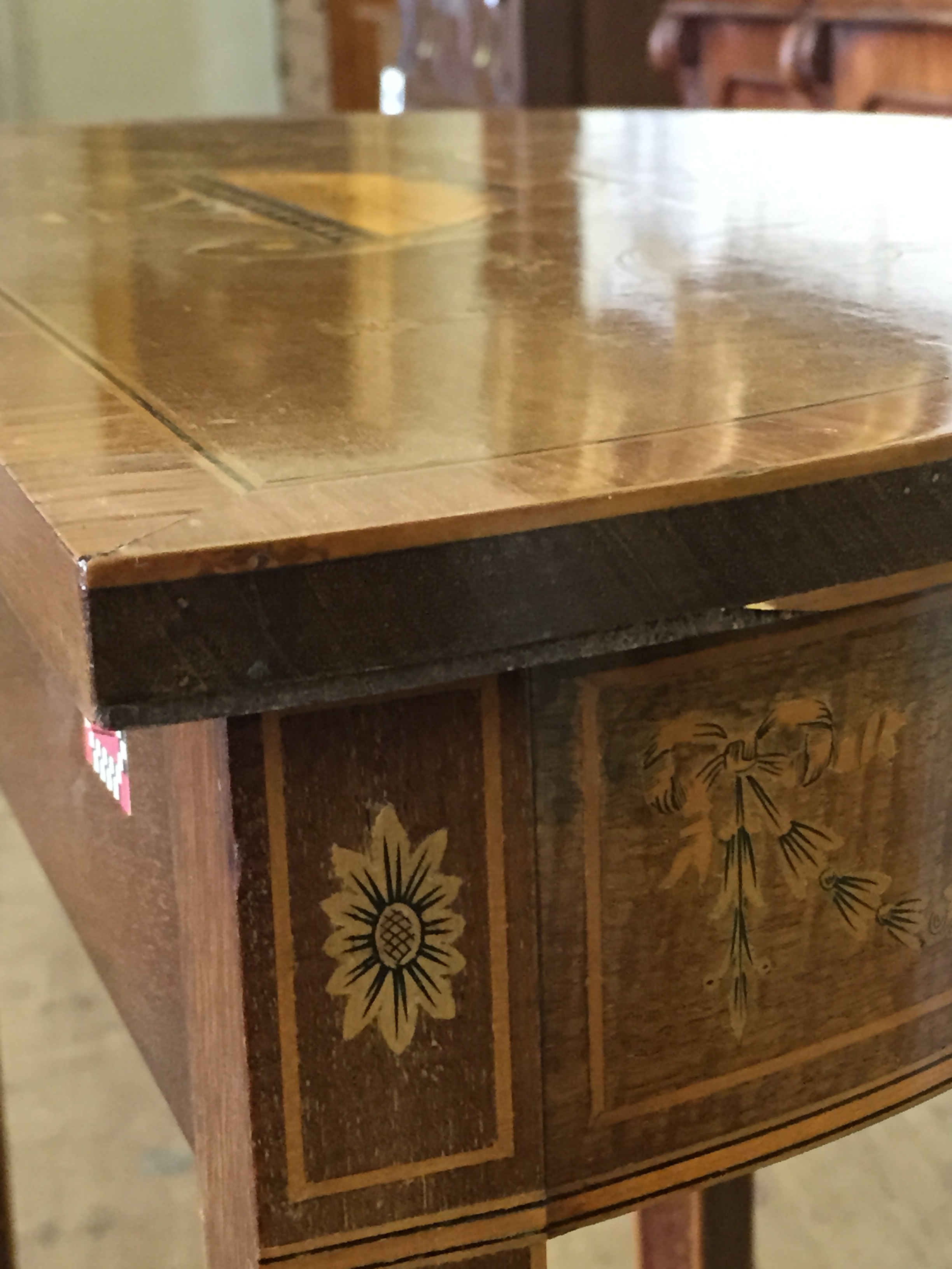 A pair of Edwardian demi-lune hall tables, the tops inlaid with a twin handled vase surrounded by - Image 21 of 22