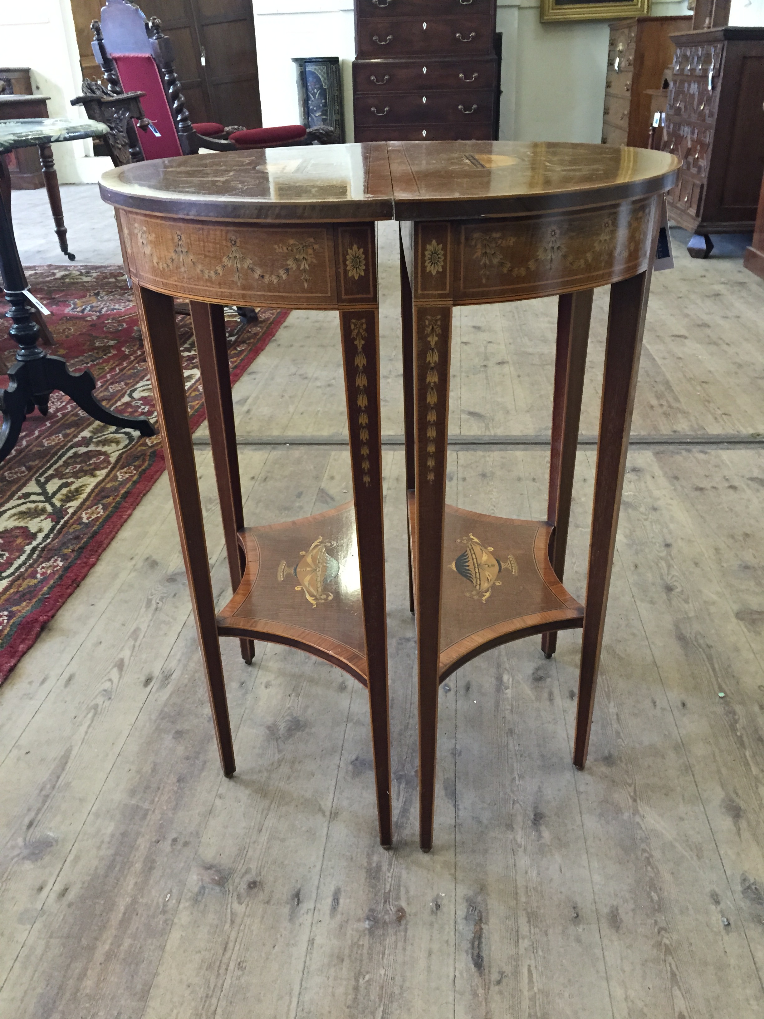 A pair of Edwardian demi-lune hall tables, the tops inlaid with a twin handled vase surrounded by - Image 7 of 22