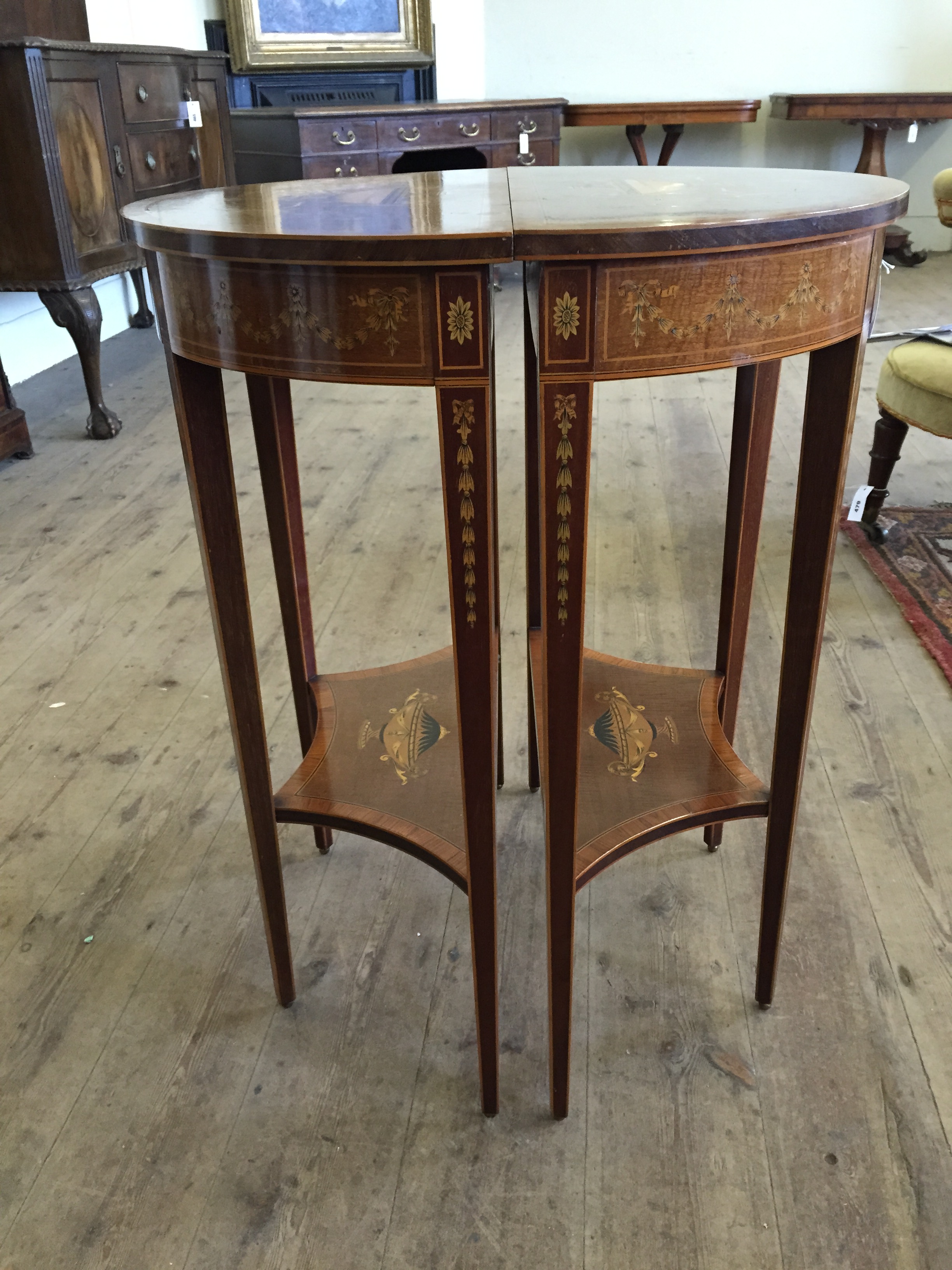 A pair of Edwardian demi-lune hall tables, the tops inlaid with a twin handled vase surrounded by - Image 8 of 22