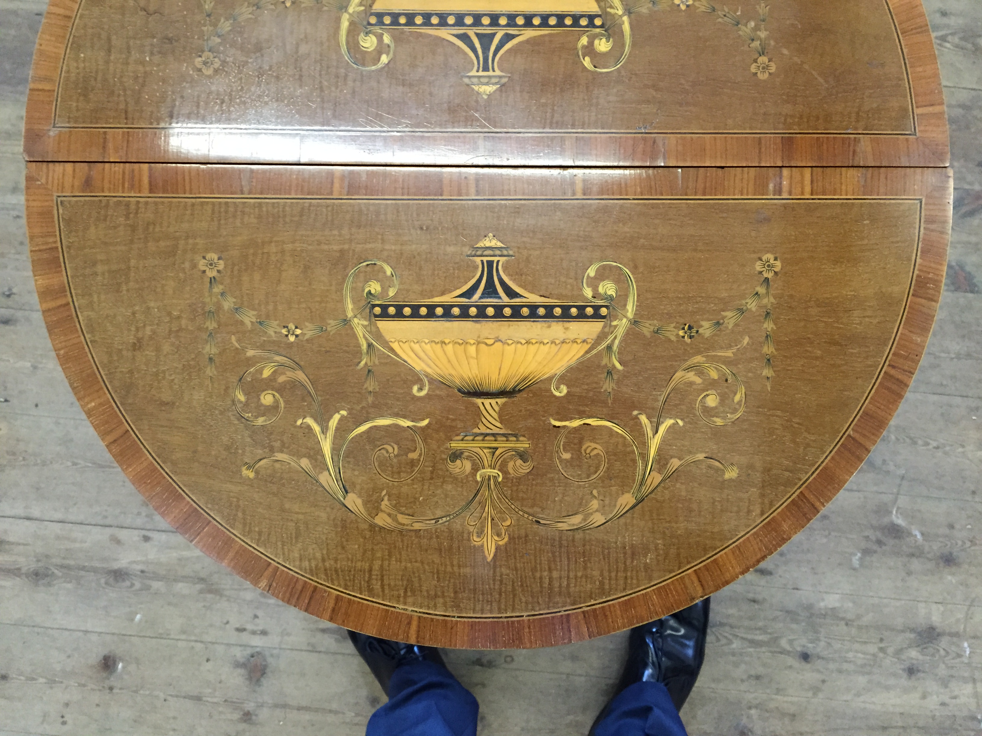 A pair of Edwardian demi-lune hall tables, the tops inlaid with a twin handled vase surrounded by - Image 6 of 22