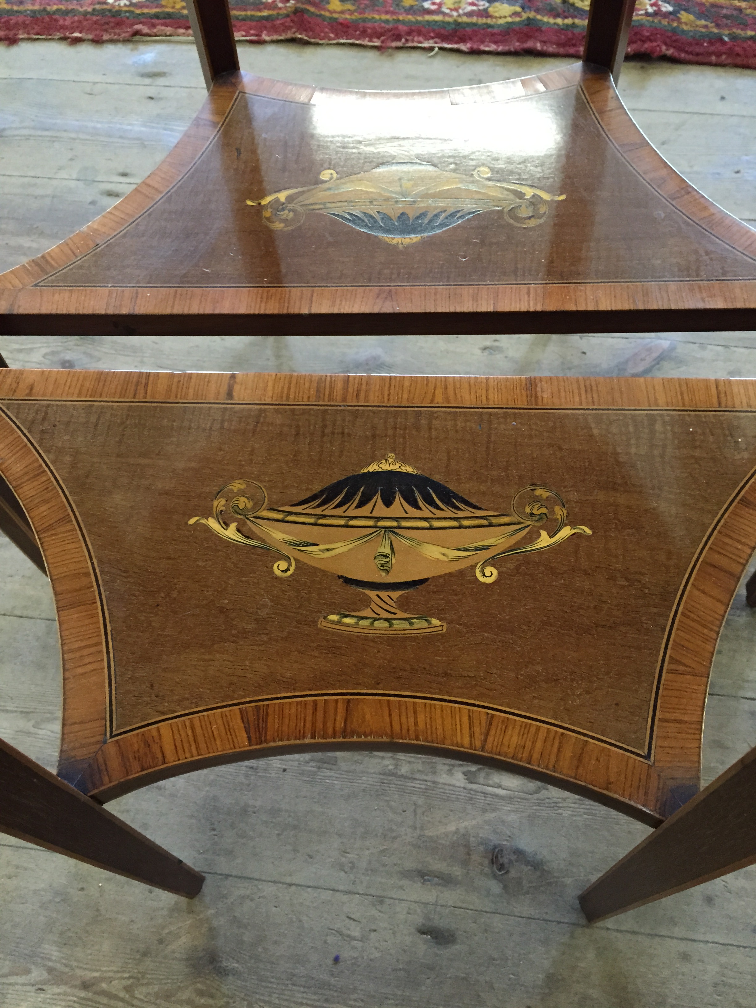 A pair of Edwardian demi-lune hall tables, the tops inlaid with a twin handled vase surrounded by - Image 9 of 22