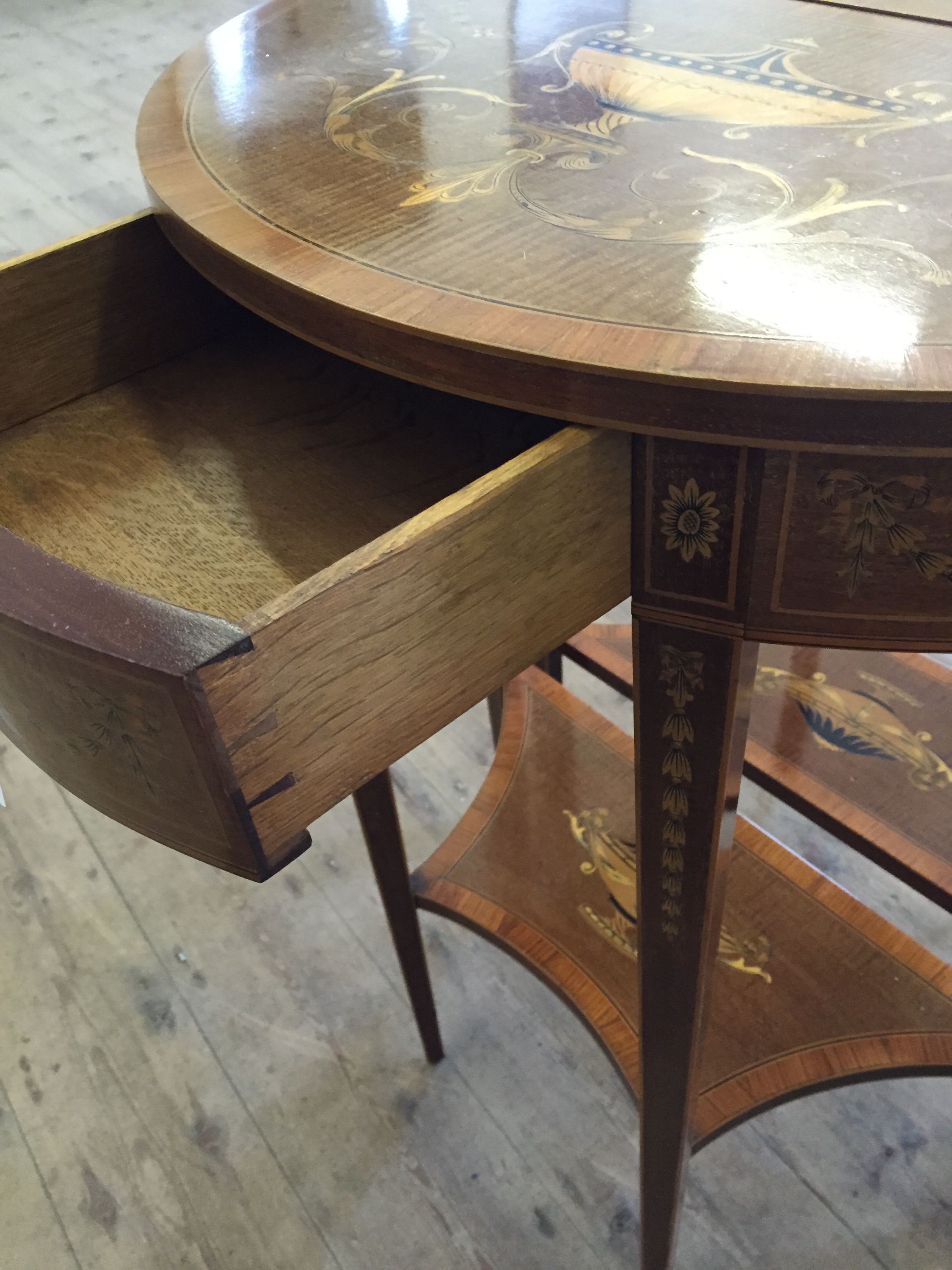 A pair of Edwardian demi-lune hall tables, the tops inlaid with a twin handled vase surrounded by - Image 15 of 22