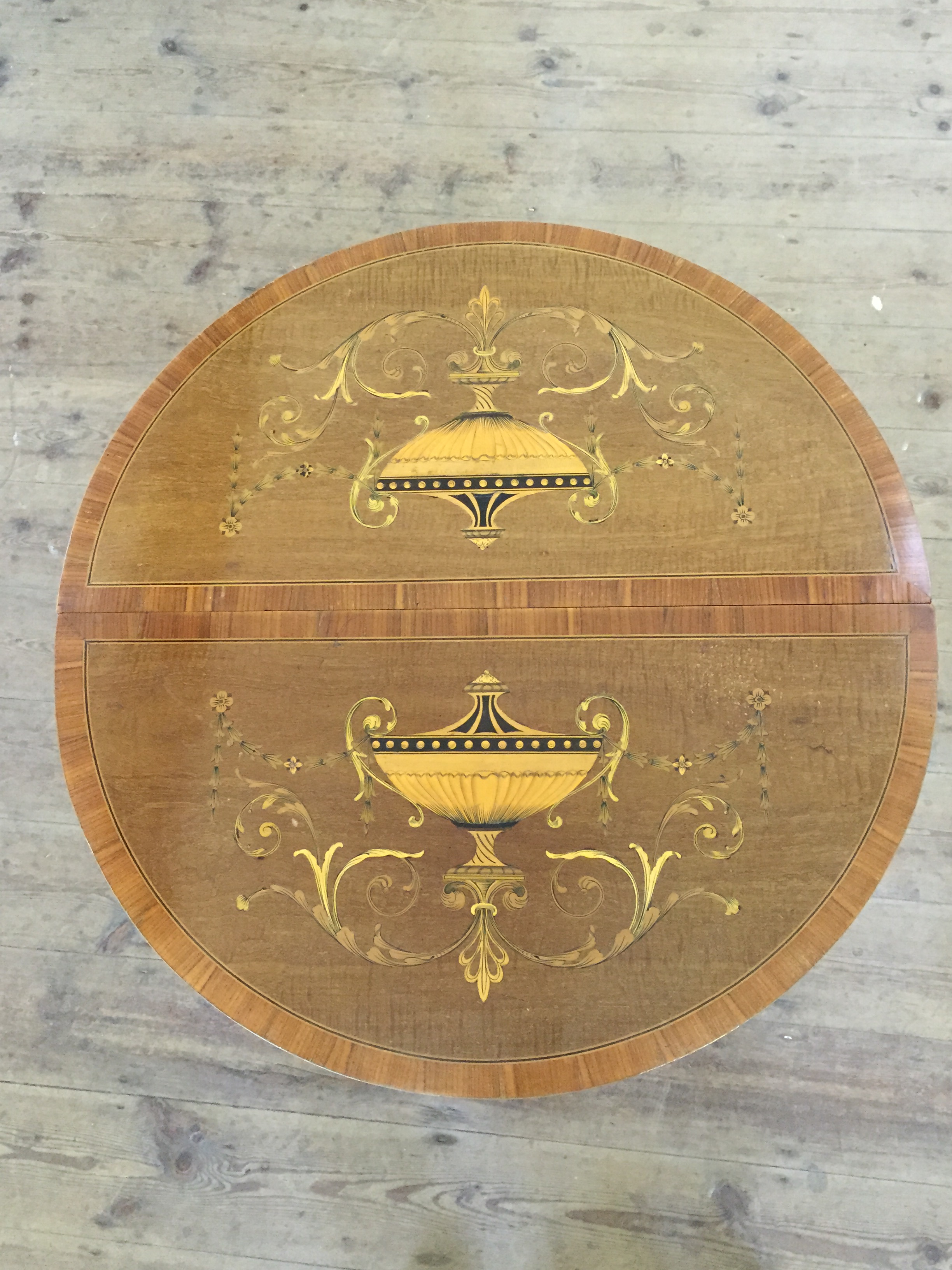 A pair of Edwardian demi-lune hall tables, the tops inlaid with a twin handled vase surrounded by - Image 2 of 22