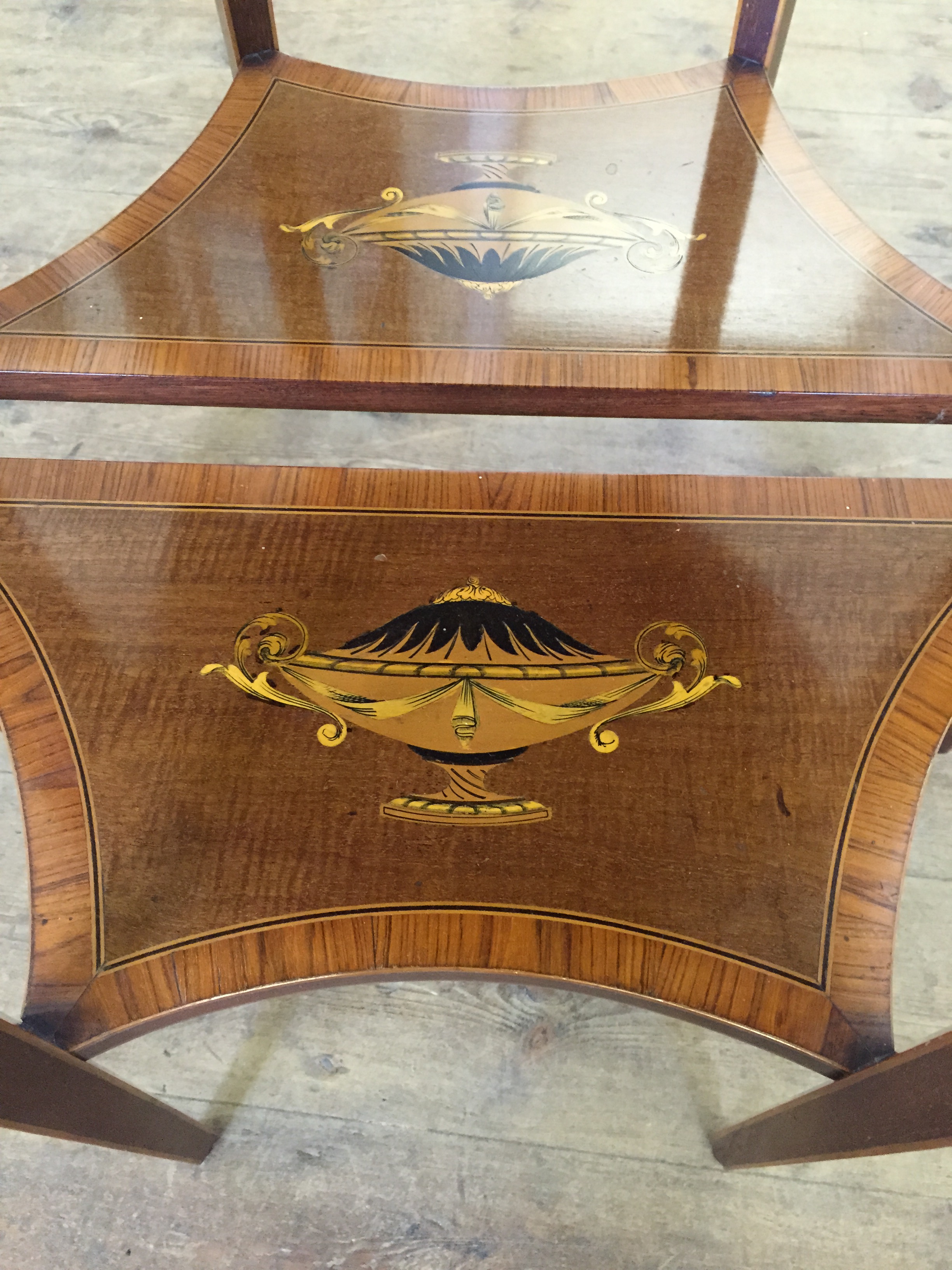 A pair of Edwardian demi-lune hall tables, the tops inlaid with a twin handled vase surrounded by - Image 10 of 22