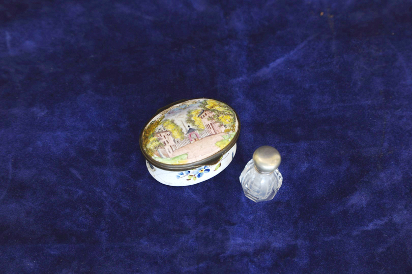 A pill pot and cover decorated with the Walls of Cheltenham ? and a miniature scent bottle with