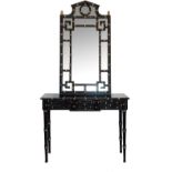 A reproduction pier table, the mirror with simulated bamboo frame with gilt and black paint