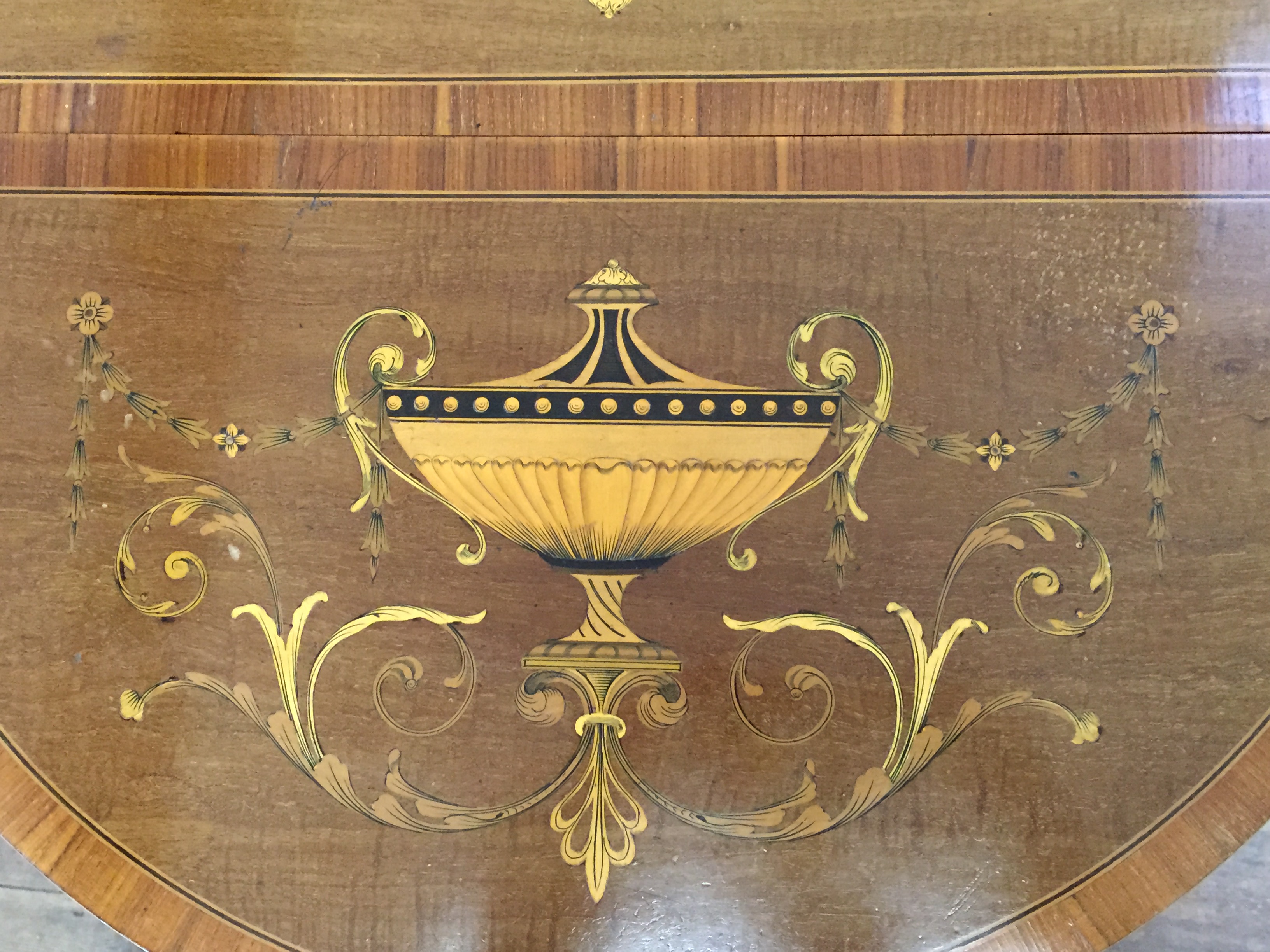 A pair of Edwardian demi-lune hall tables, the tops inlaid with a twin handled vase surrounded by - Image 3 of 22