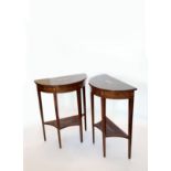 A pair of Edwardian demi-lune hall tables, the tops inlaid with a twin handled vase surrounded by